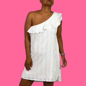 Cloth Stone One Shoulder Dress White Mini Shift Ruffle Textured Cotton Medium